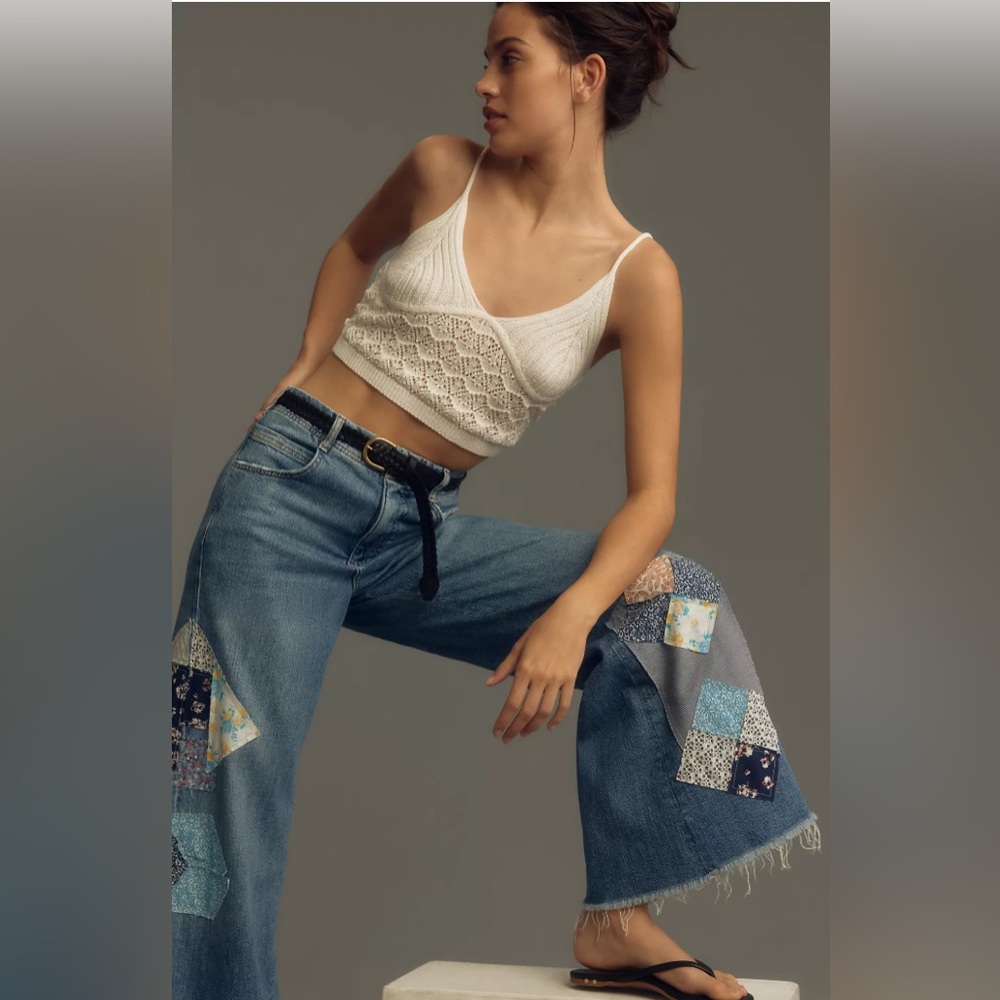 The Adi Mid-Rise Patchwork Frayed Relaxed Flare Jeans From Anthropologie - Picture 4 of 7